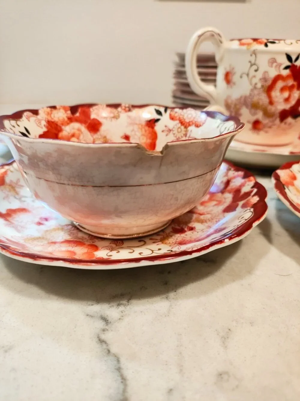 MORIYAMA MORI-MACHI JAPAN Antique China Tea Set Red Lotus